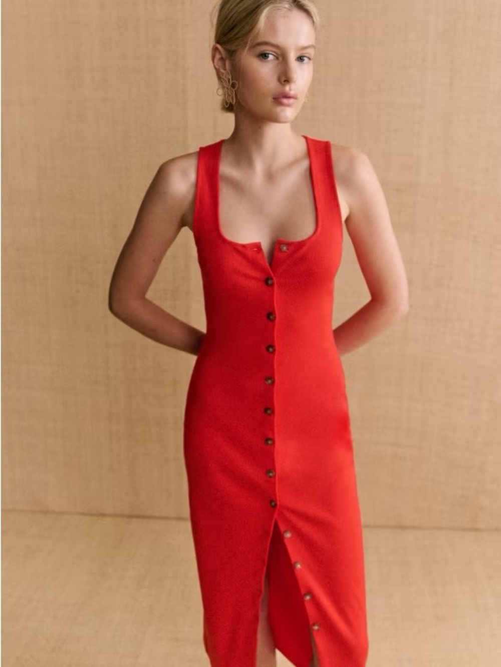 Sezane Red Button-Front Maxi Dress
